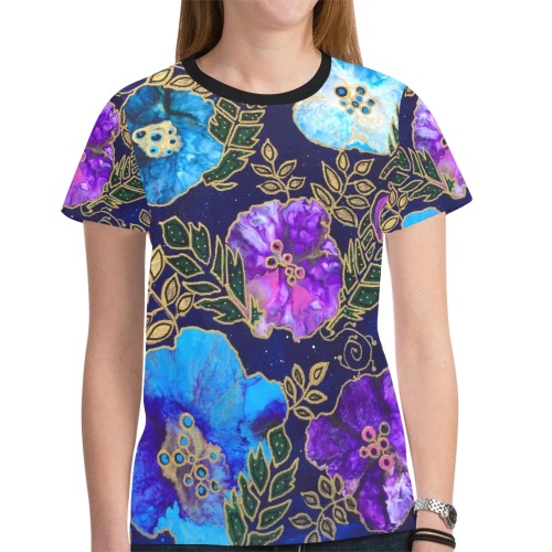 Dark Blue Floral New All Over Print T-shirt for Women (Model T45)