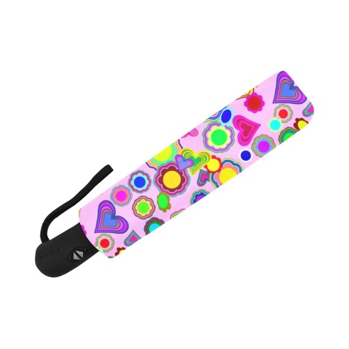 Groovy Hearts and Flowers Pink Anti-UV Auto-Foldable Umbrella (Underside Printing) (U06)