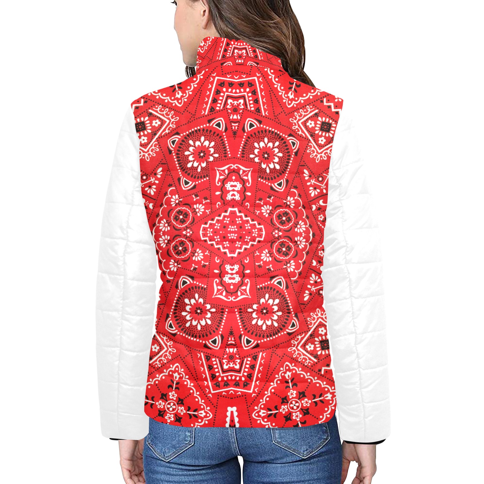 Red Bandana Squares / White Women's Stand Collar Padded Jacket (Model H41)