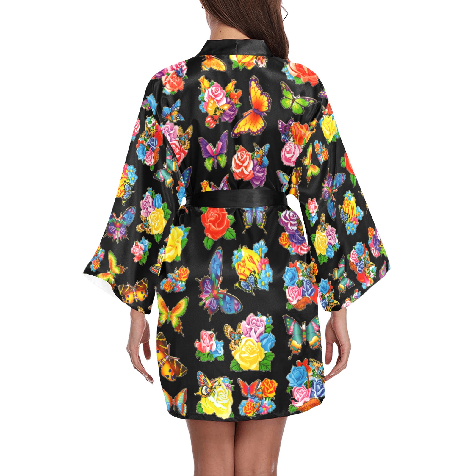 Beautiful Butterflies I on a Black Field Long Sleeve Kimono Robe