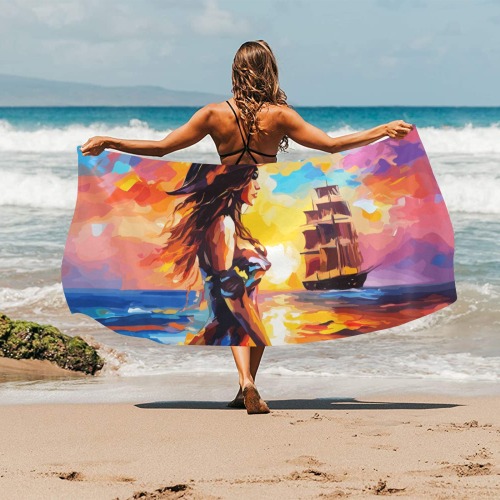 Cool pirate lady waits for her captain by the sea. Beach Towel 32"x 71"