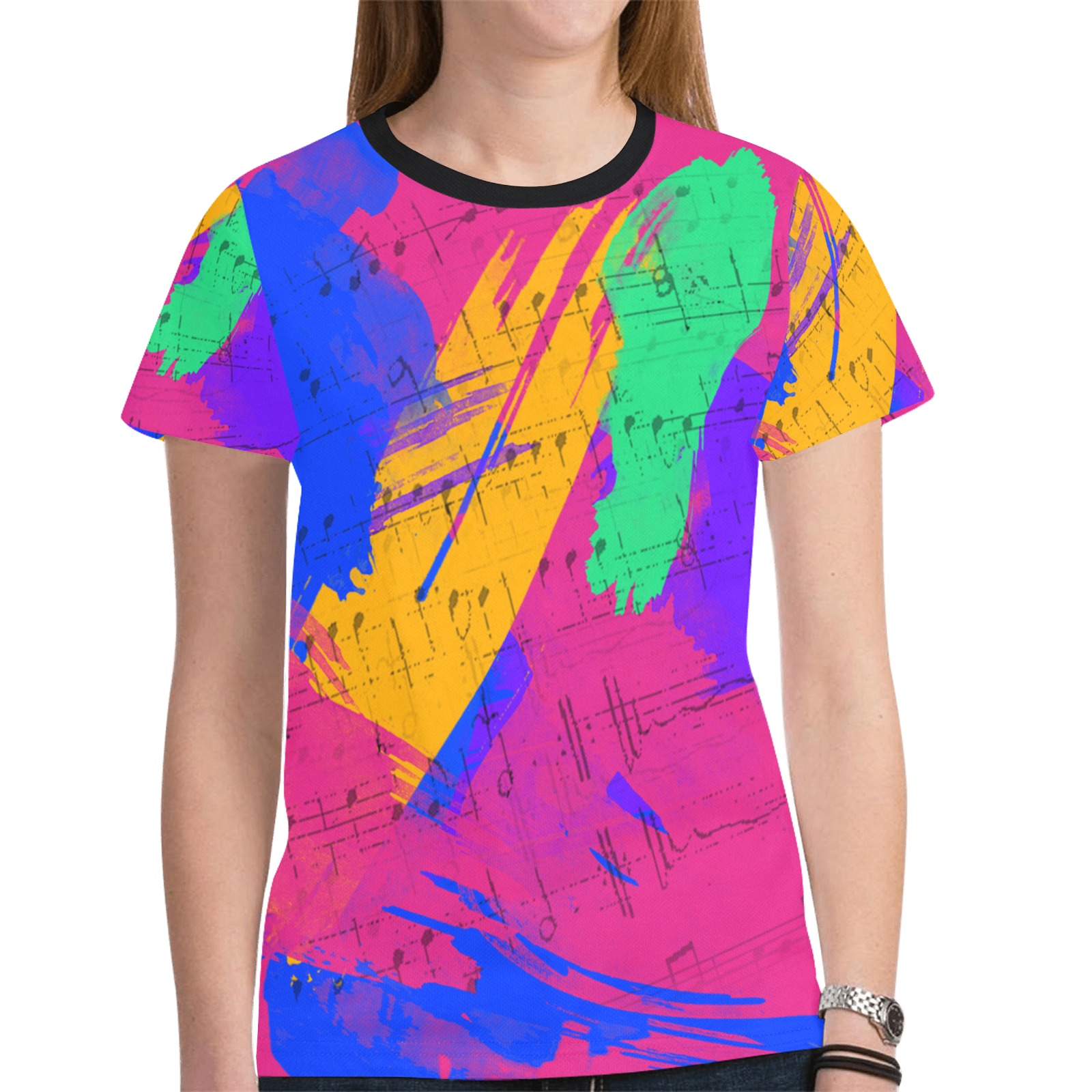 Groovy Paint Brush Strokes with Music Notes New All Over Print T-shirt for Women (Model T45)