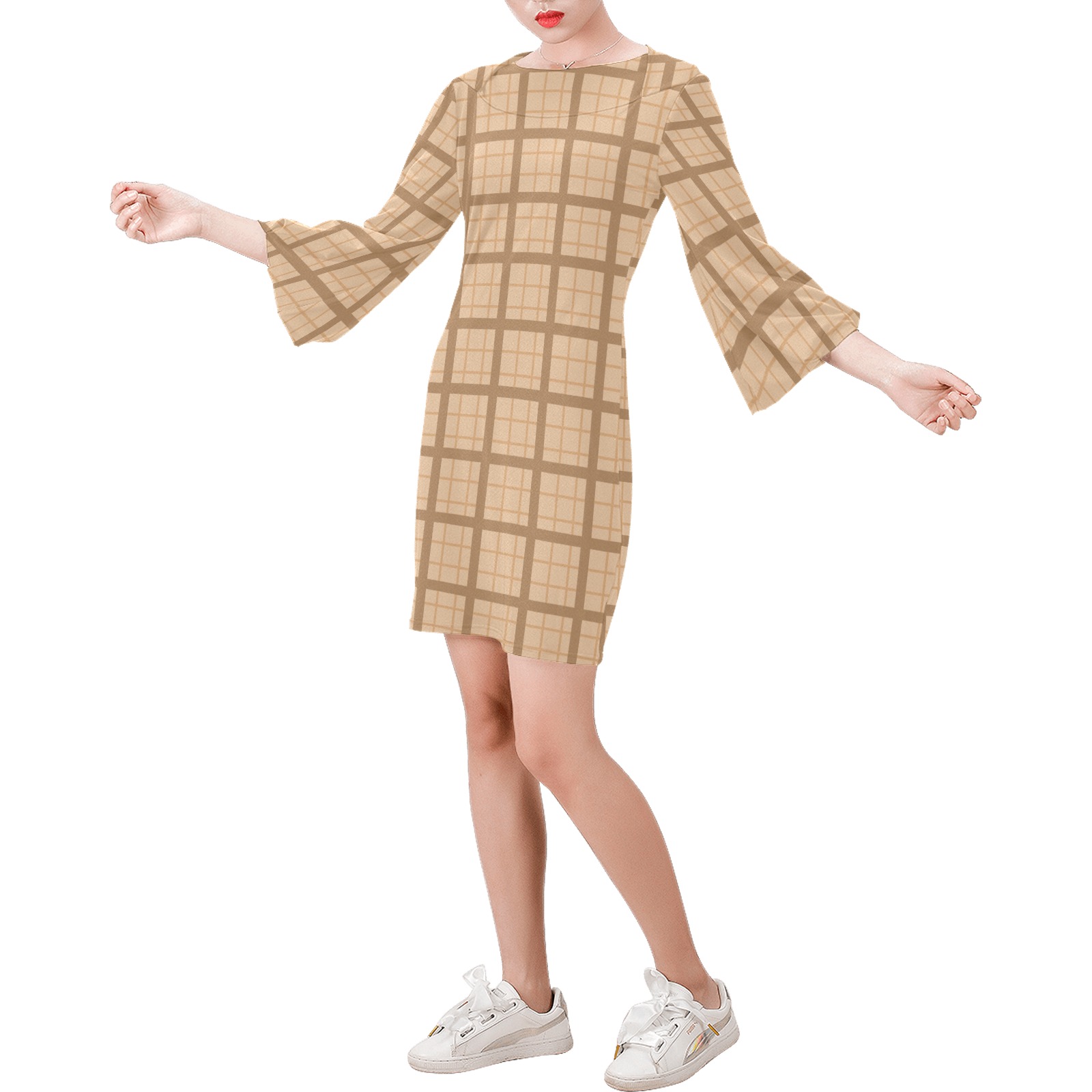 khaki pattern Bell Sleeve Dress (Model D52)