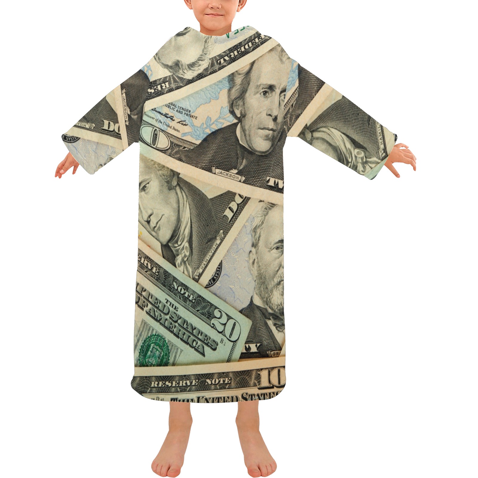 US PAPER CURRENCY Blanket Robe with Sleeves for Kids