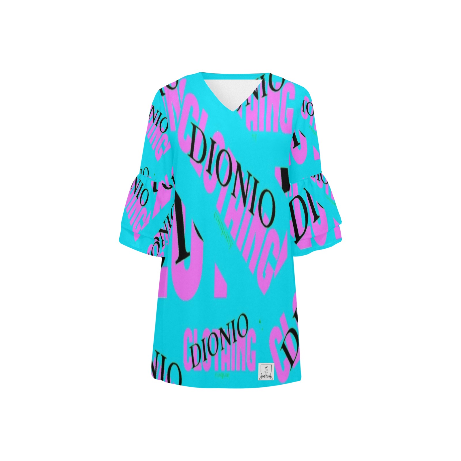 DIONIO Clothing - Women's Half Sleeve V Neck Mini Dress (Company Turquoise & Pink Logo) Half Sleeves V-Neck Mini Dress (Model D63)