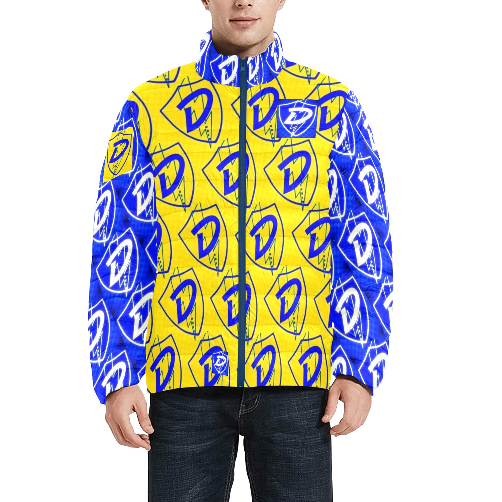 DIONIO Clothing - Big D Shield Puffy Jacket (Blue & Yellow,Blue & White Logo) Men's Stand Collar Padded Jacket (Model H41)