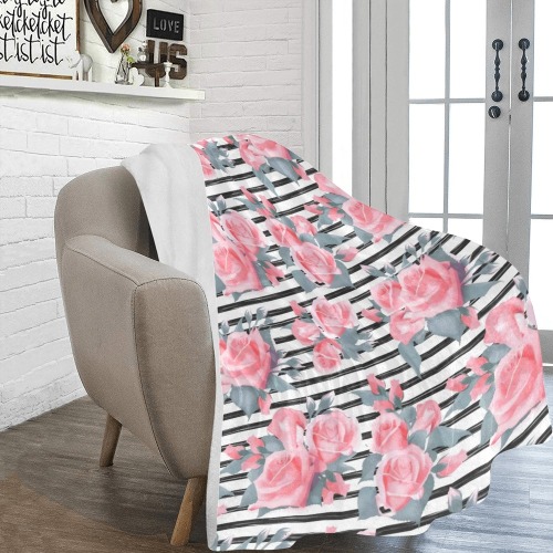 Pink Rose Bouquet on Black Stripes Ultra-Soft Micro Fleece Blanket 60"x80"