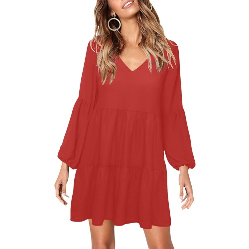 Red V-Neck Loose Fit Dress (Model D62)