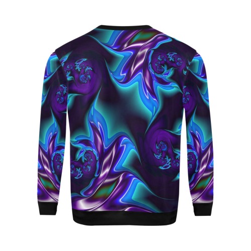 Aqua Blue and Purple Flowers Fractal Abstract All Over Print Crewneck Sweatshirt for Men (Model H18)