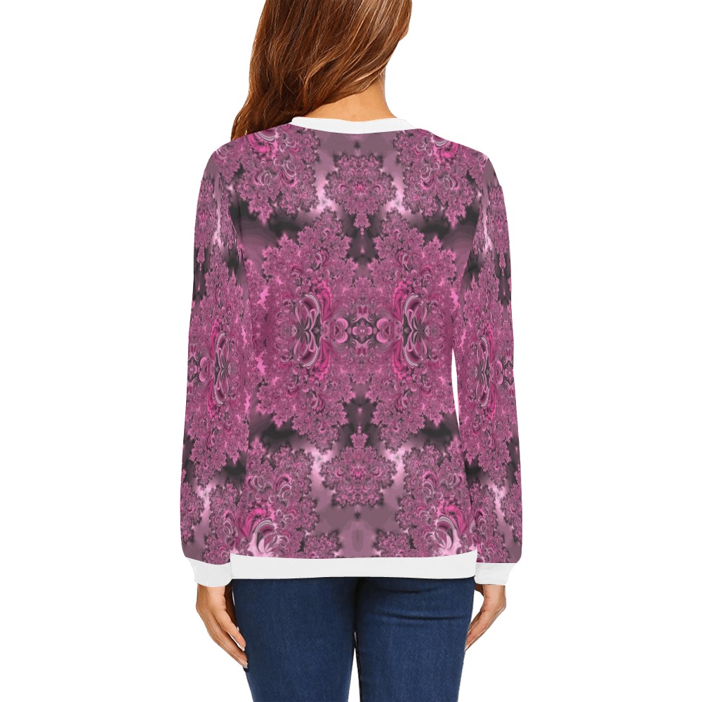 Pink Azalea Bushes Frost Fractal All Over Print Crewneck Sweatshirt for Women (Model H18)