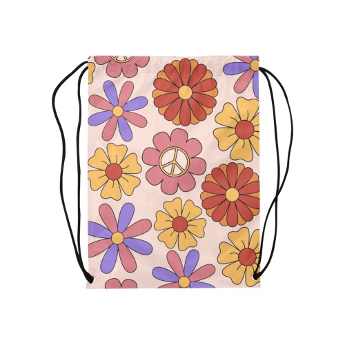Hippie Mod Retro Flowers Medium Drawstring Bag Model 1604 (Twin Sides) 13.8"(W) * 18.1"(H)