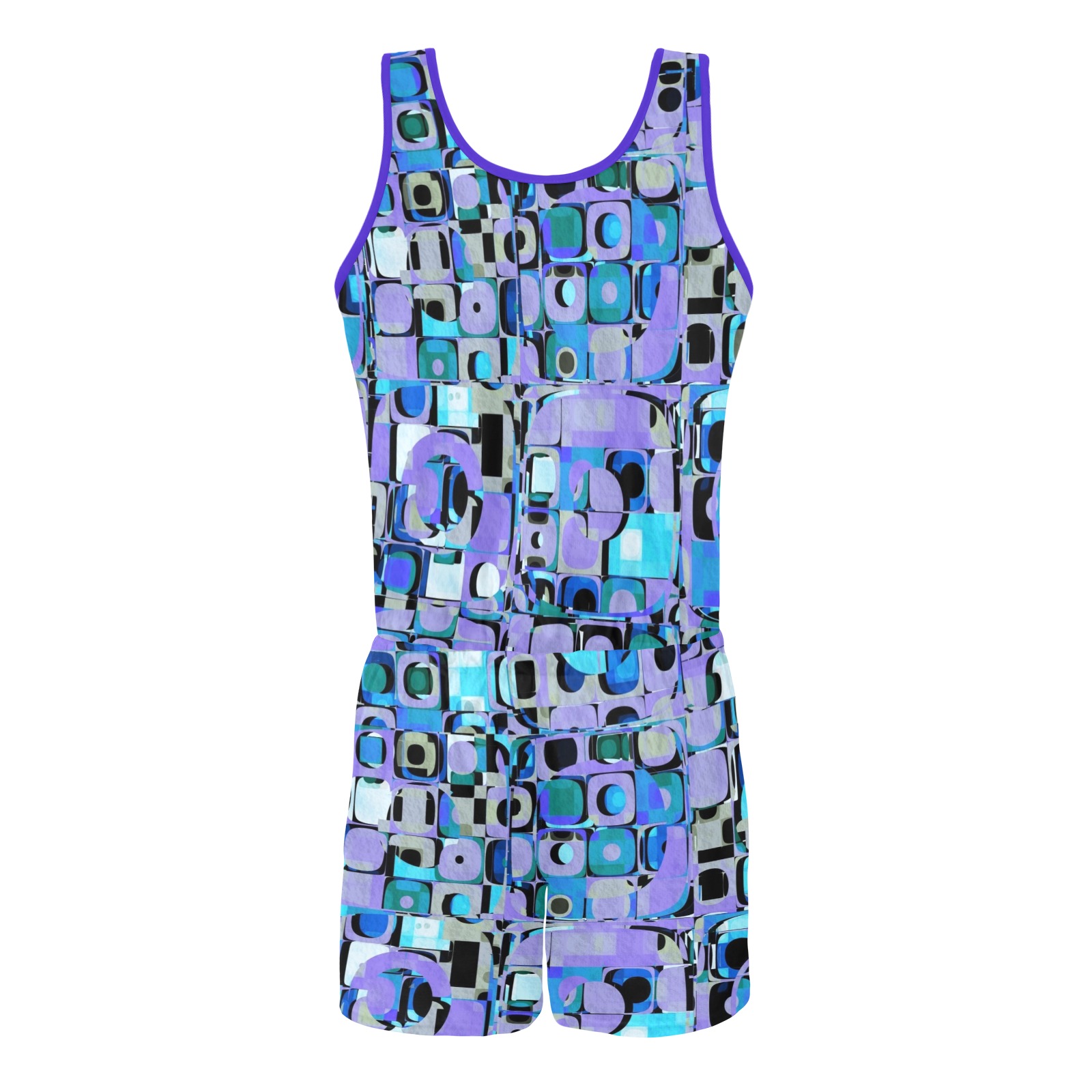 Blue Funky Geometry All Over Print Vest Short Jumpsuit