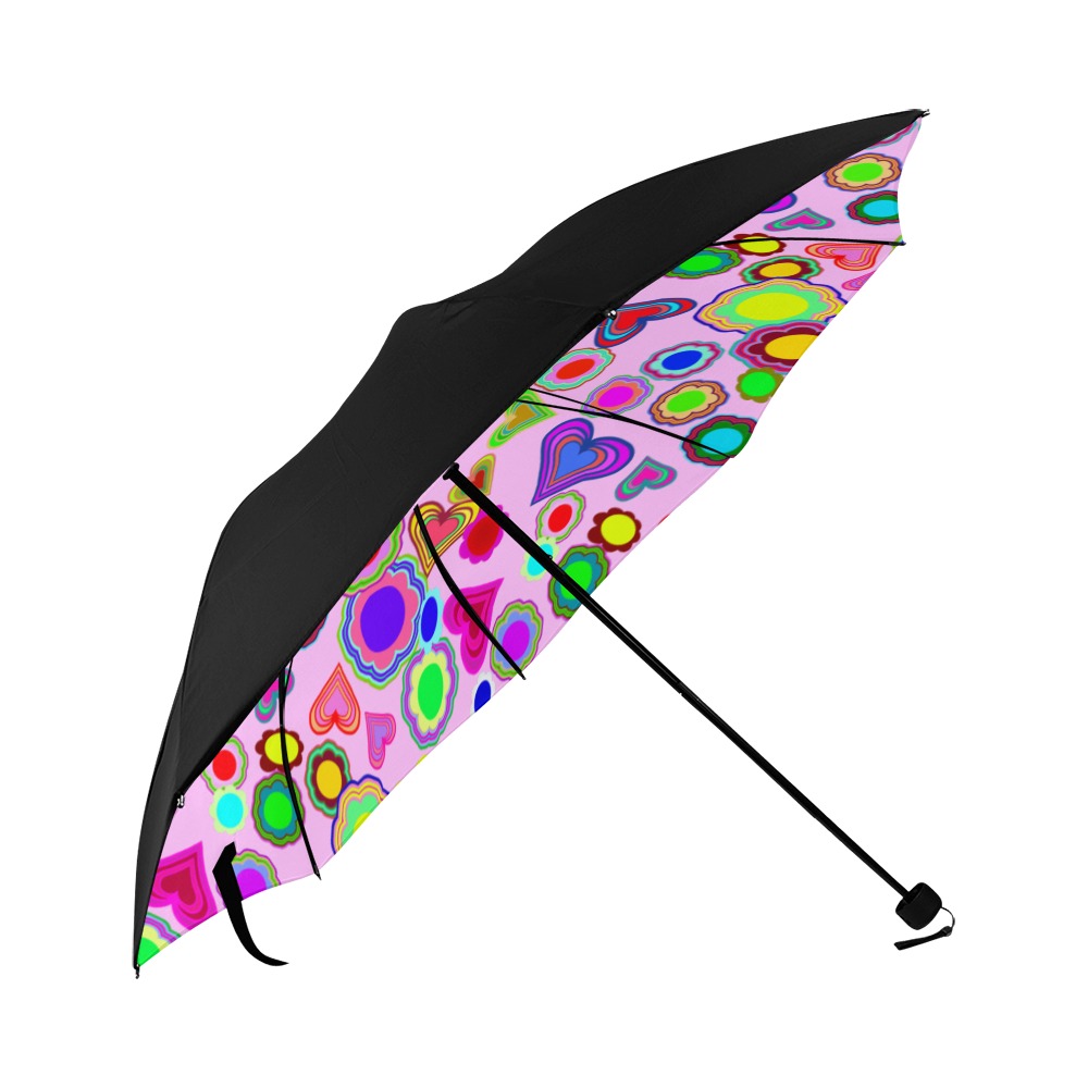 Groovy Hearts and Flowers Pink Anti-UV Foldable Umbrella (Underside Printing) (U07)