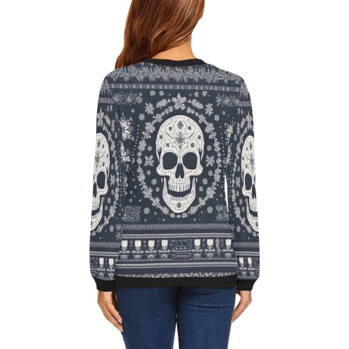 Cool pattern with the decorated skull and snow. All Over Print Crewneck Sweatshirt for Women (Model H18)