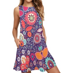 Beautiful Retro Floral Sleeveless A-Line Pocket Dress (Model D57)
