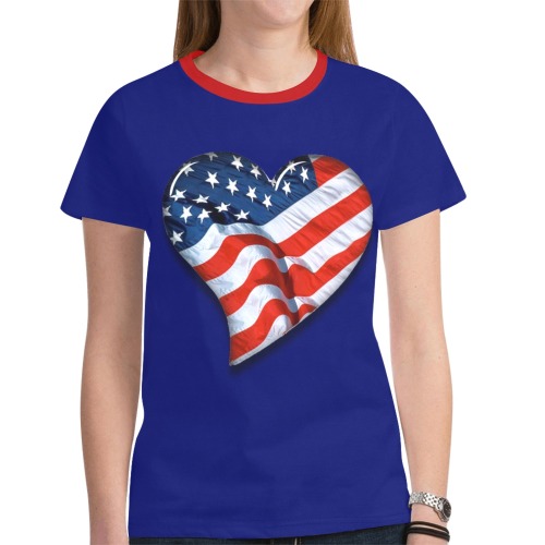 American Flag Heart on Blue New All Over Print T-shirt for Women (Model T45)