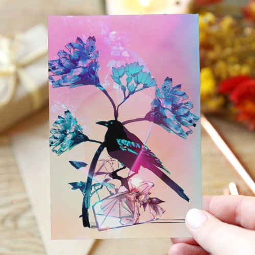 outline of flowers with a magpie on branch and outline of large clear crystal 4 Greeting Card 4"x6"