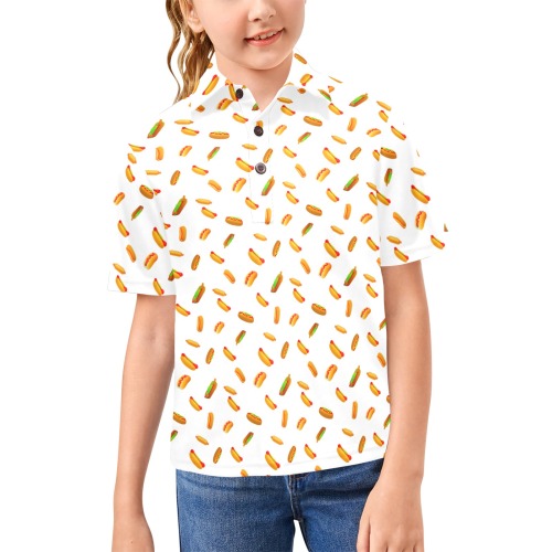 Hot Dog Pattern on White Big Girls' All Over Print Polo Shirt (Model T55)