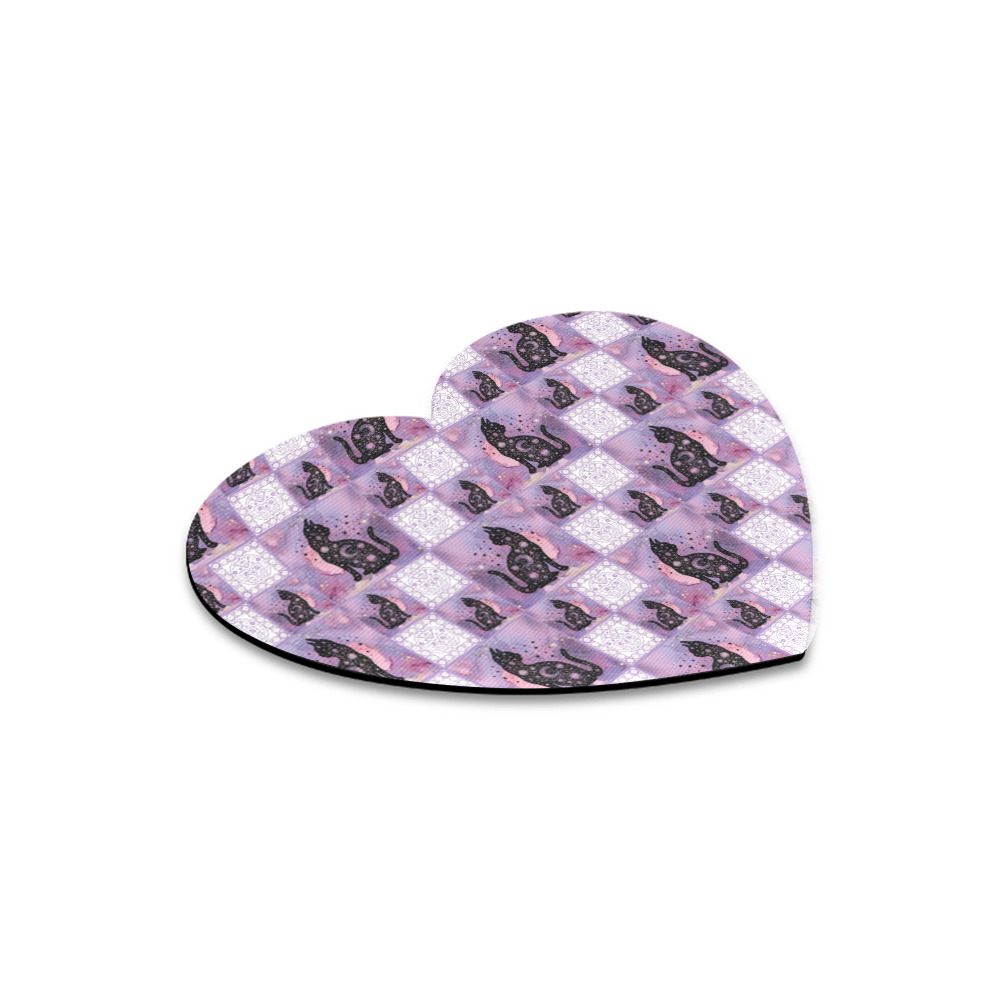 Purple Cosmic Cats Patchwork Pattern Heart-shaped Mousepad