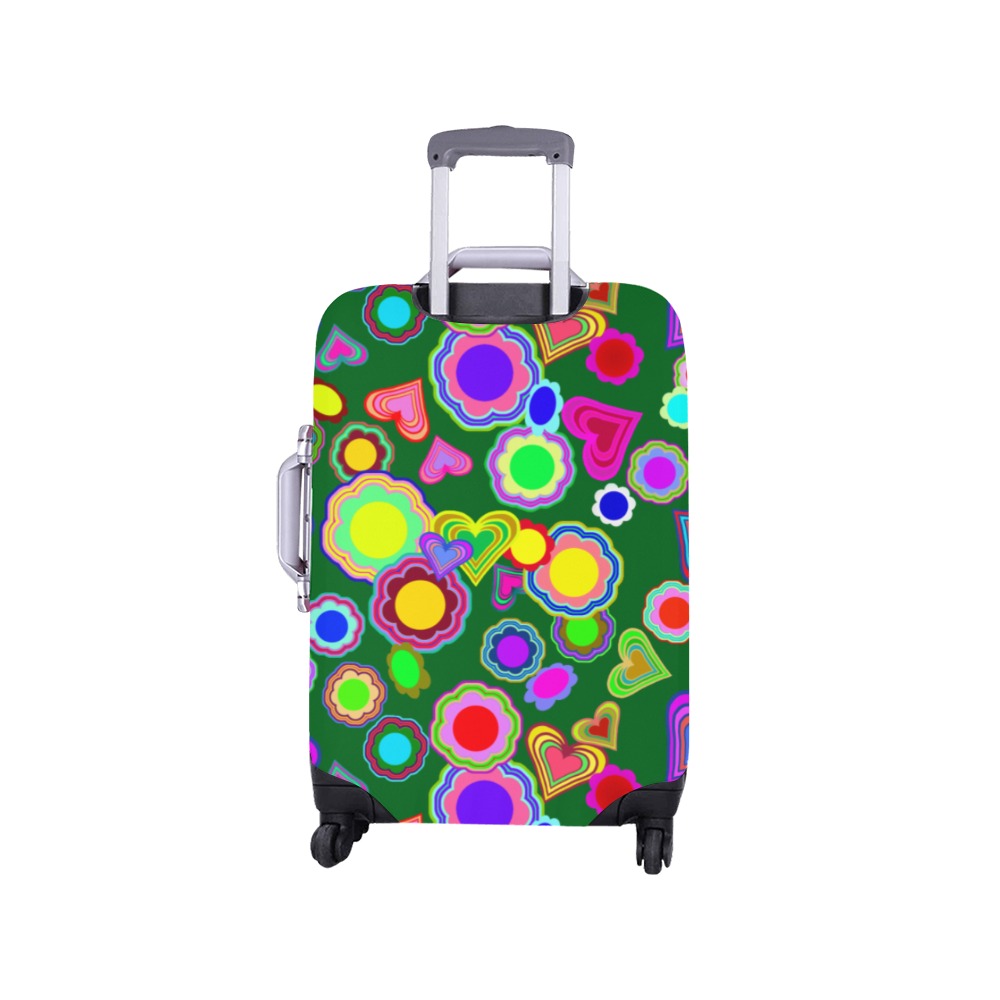 Groovy Hearts and Flowers Green Luggage Cover/Small 18"-21"