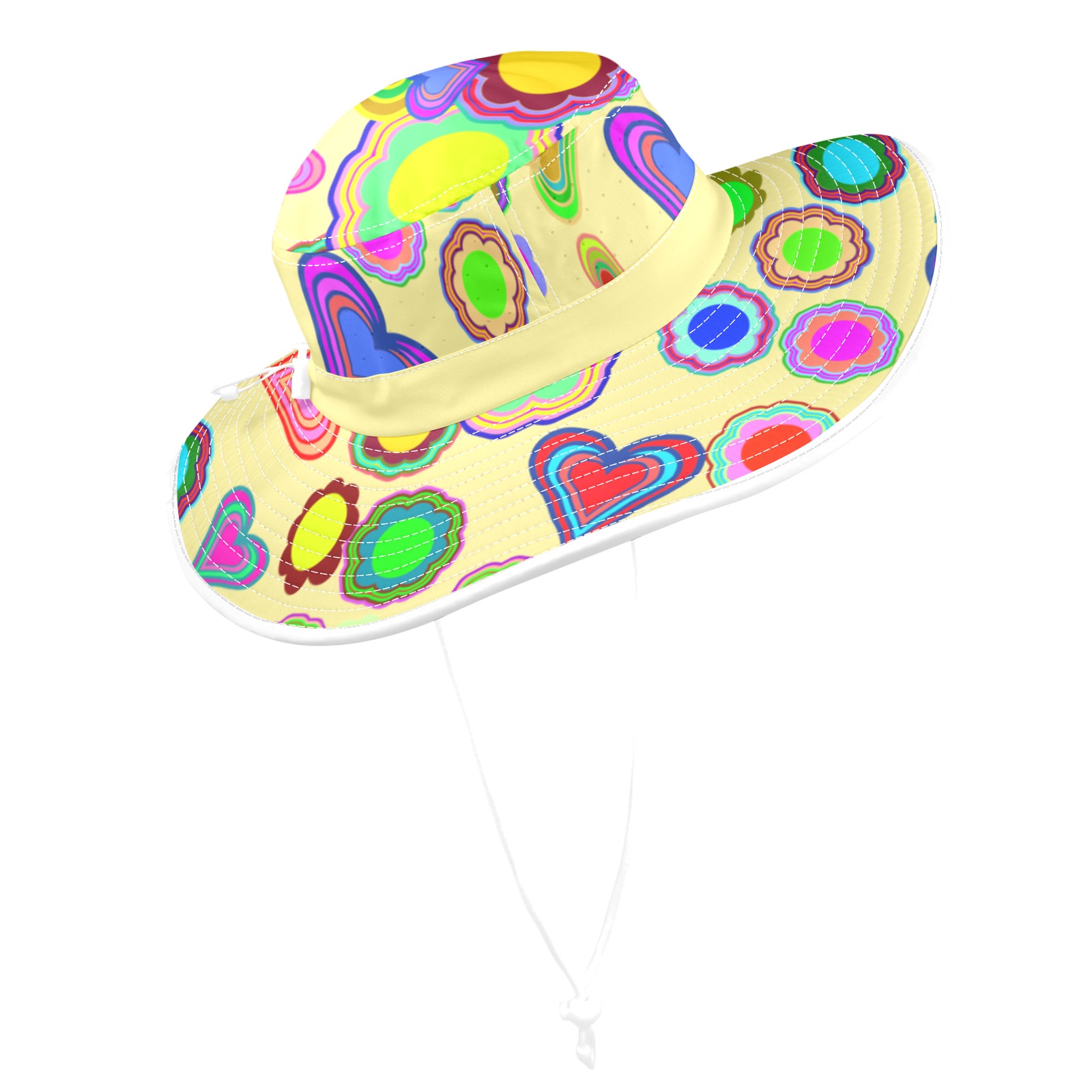 Groovy Hearts and Flowers Yellow Wide Brim Bucket Hat