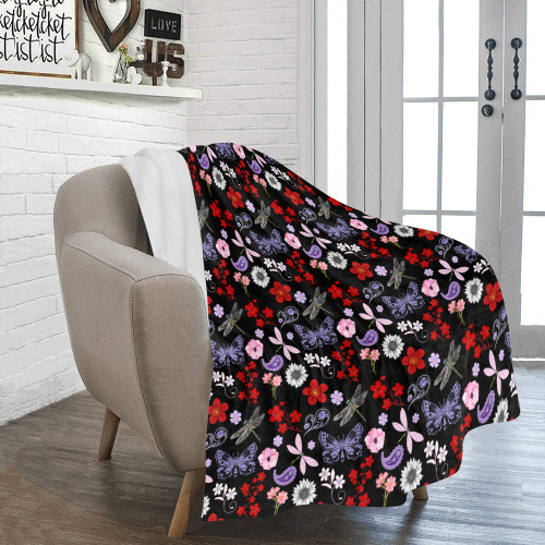 Black, Red, Pink, Purple, Dragonflies, Butterfly and Flowers Design Ultra-Soft Micro Fleece Blanket 50"x60"