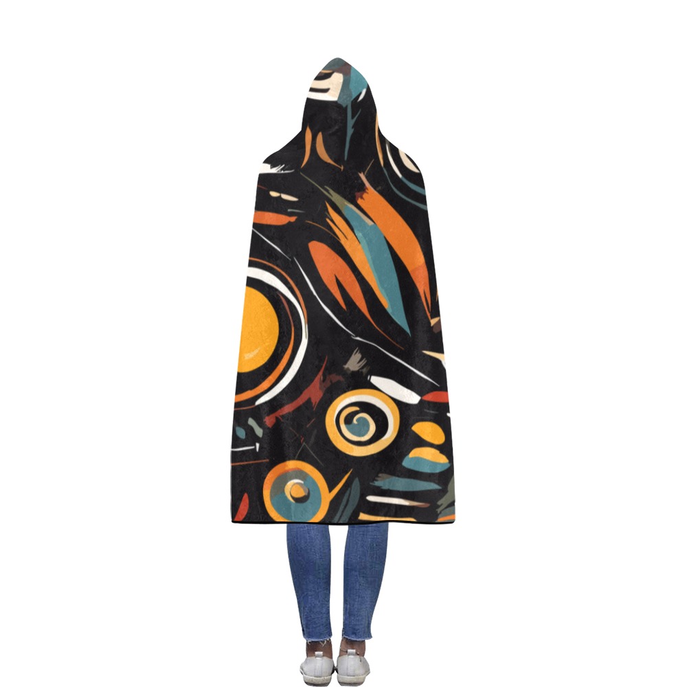Tribal pattern of colorful shapes on black. Flannel Hooded Blanket 56''x80''