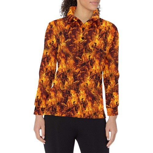 Fire and Flames Women's Long Sleeve Polo Shirt (Model T73)