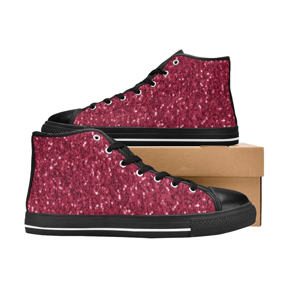 Magenta dark pink red faux sparkles glitter Women's Classic High Top Canvas Shoes (Model 017)