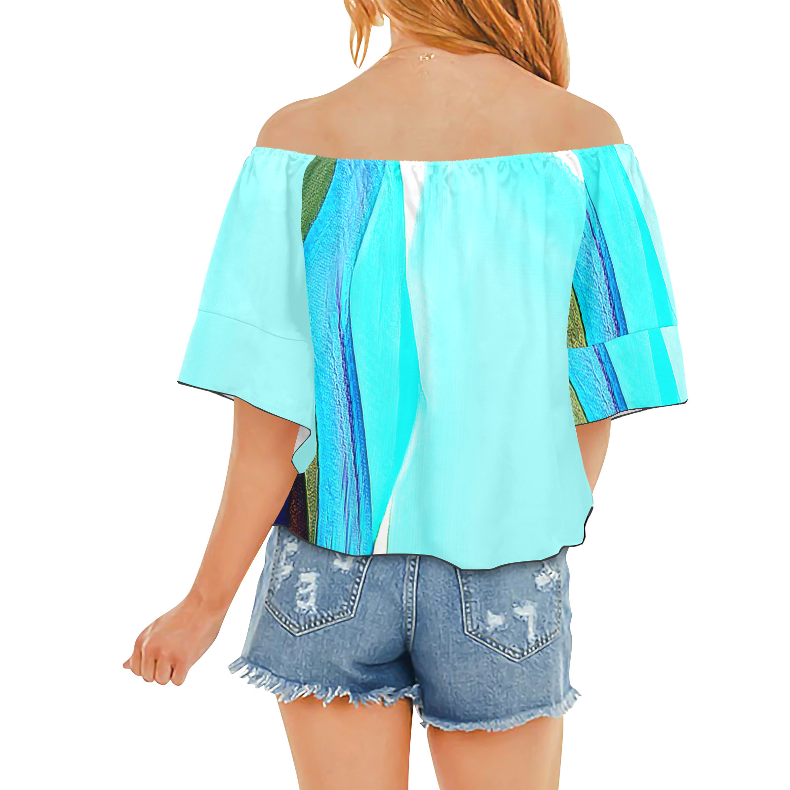 Blue Abstract Art 328 Off Shoulder Knot Front Blouse (Model T71)