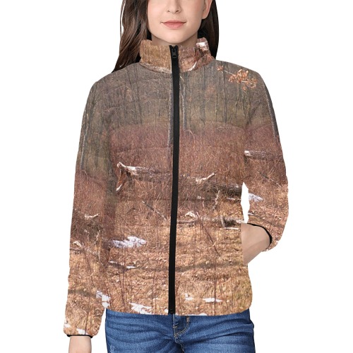 Falling tree in the woods Women's Stand Collar Padded Jacket (Model H41)