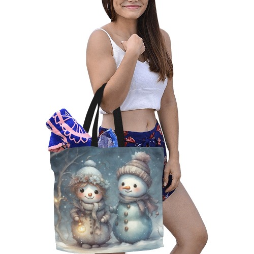 Snowman Couple All Over Print Canvas Tote Bag/Large (Model 1699)