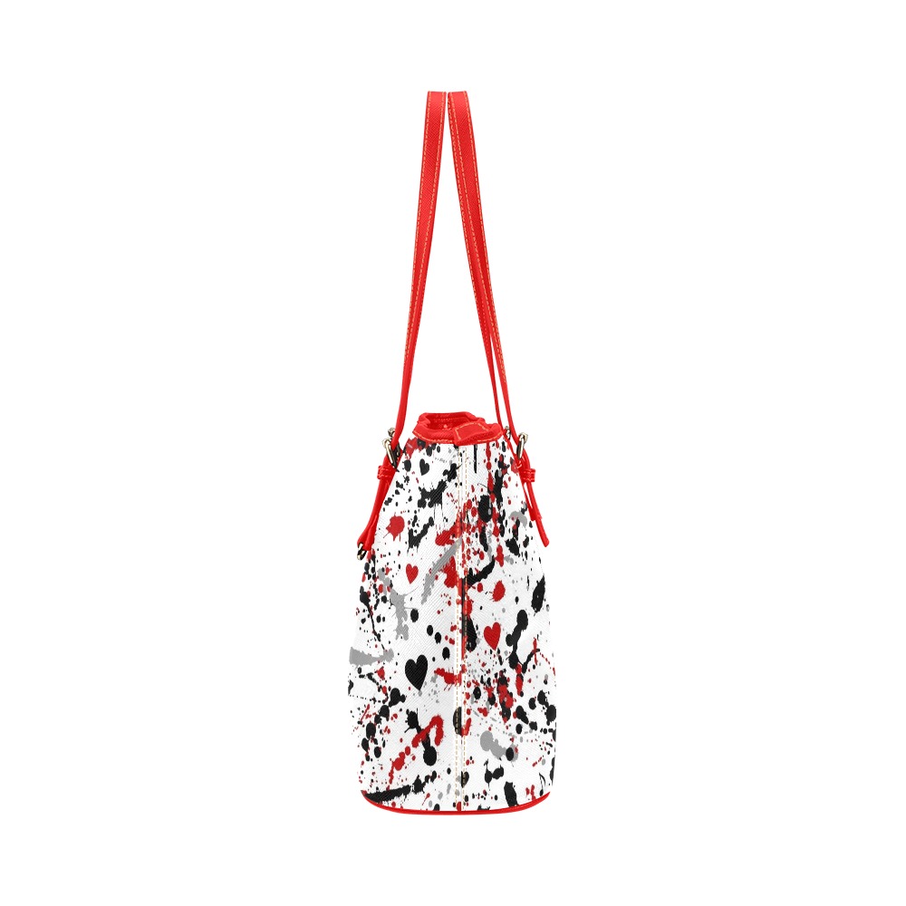 Heart Paint Splatter Fashionable Double Sided Red PU Leather Tote Handbag! Leather Tote Bag/Small (Model 1651)