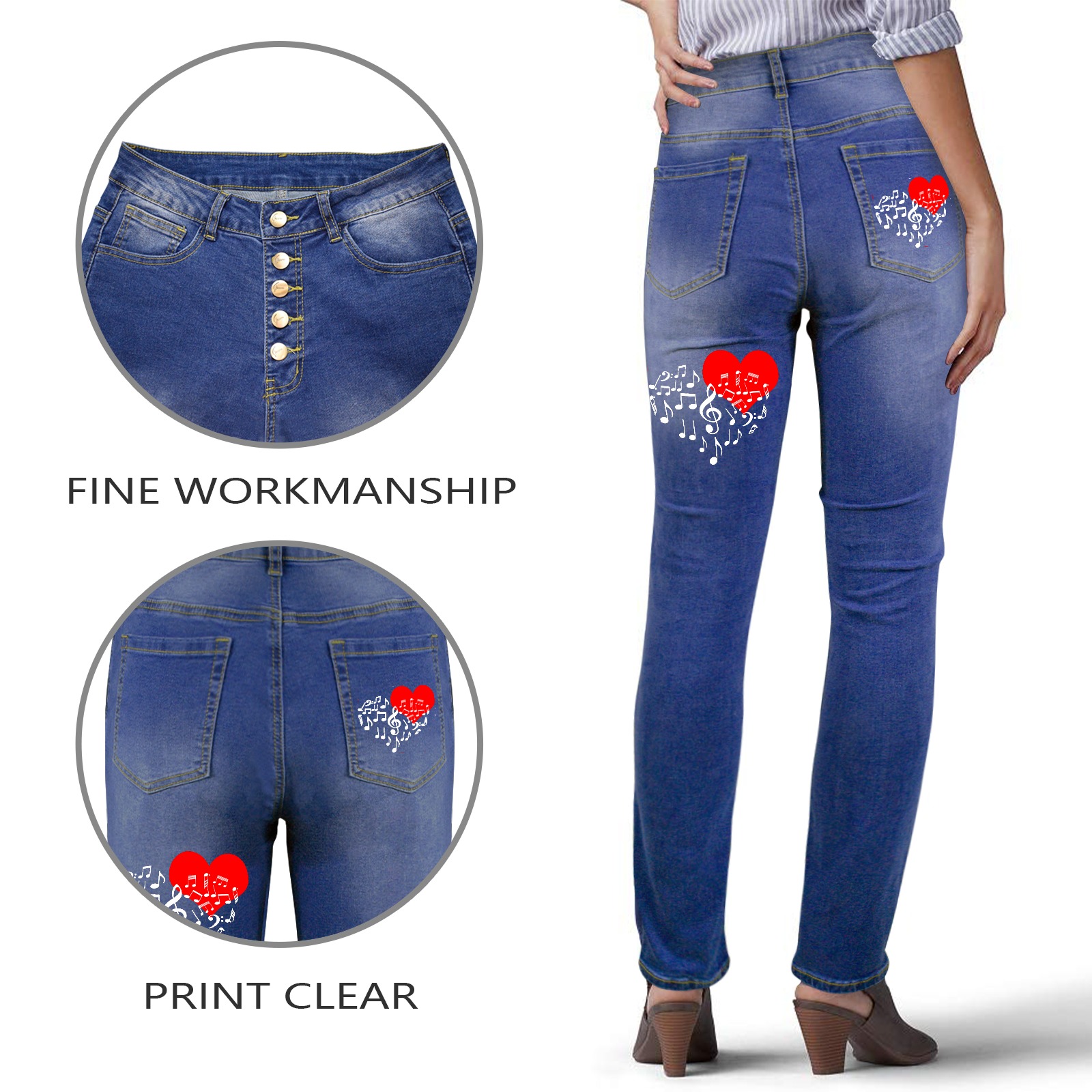 Singing Heart Red Note Music Love Romantic White Women's Jeans (Back Printing)