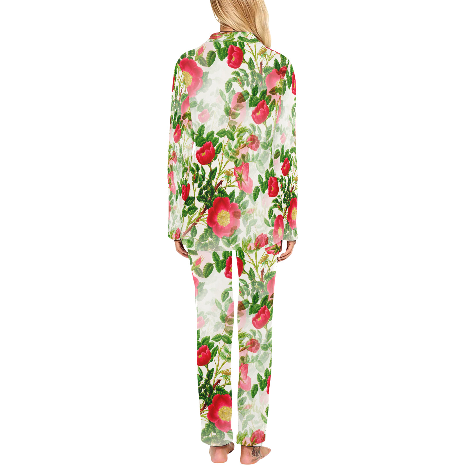 Vintage Red Floral Blossom Women's Long Pajama Set