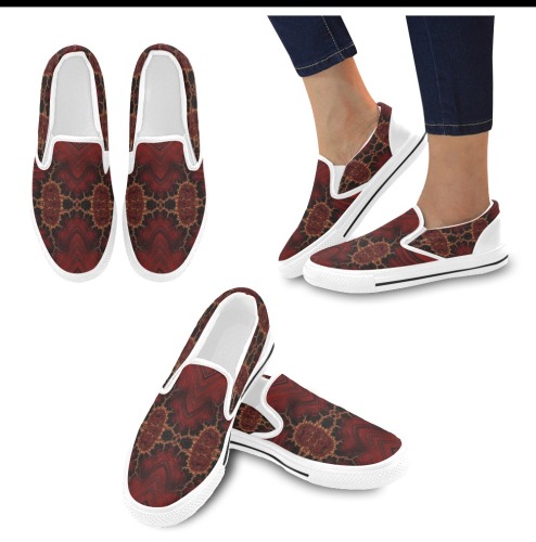 Rubies and Gold on Red Satin Fractal Abstract Women's Slip-on Canvas Shoes (Model 019)