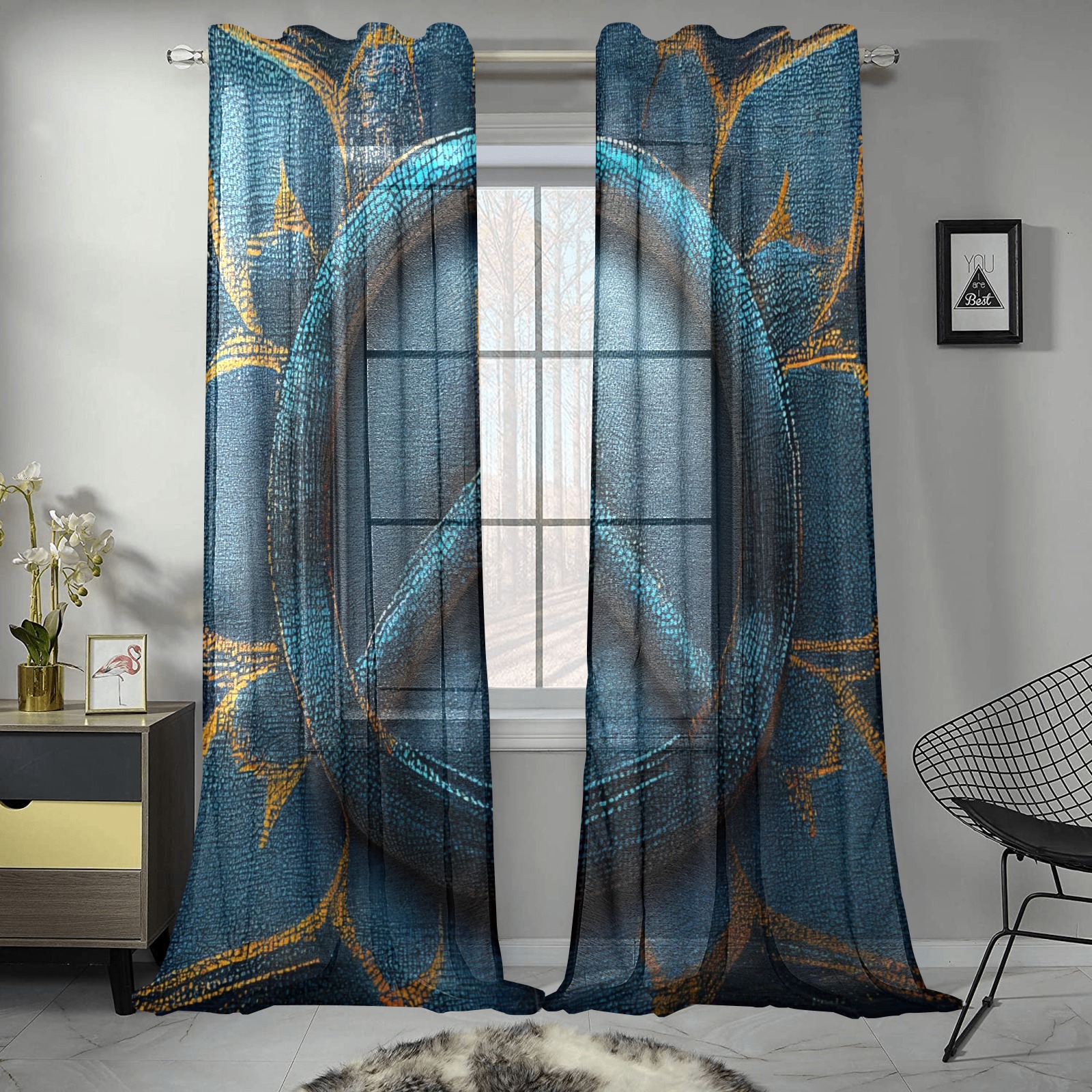 blue peace Gauze Curtain 28"x95" (Two-Piece)