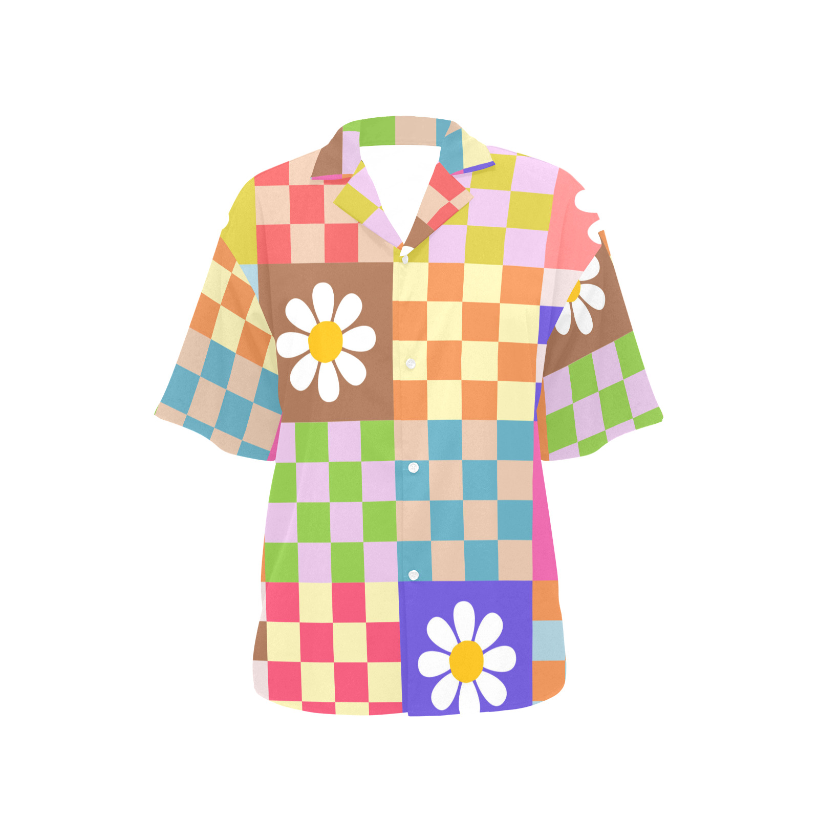 Mid Century Geometric Checkered Retro Floral Daisy Flower Pattern All Over Print Hawaiian Shirt for Women (Model T58)
