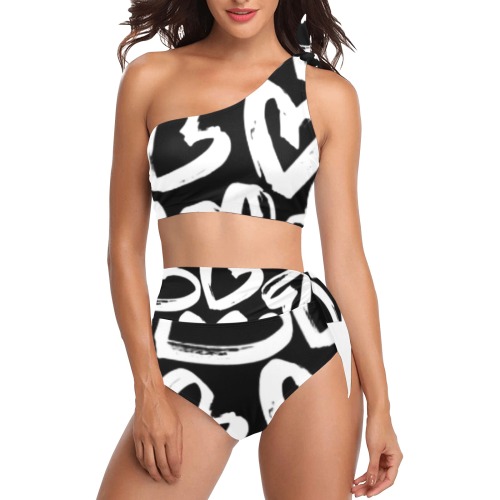 Black White Hearts High Waisted One Shoulder Bikini Set (Model S16)