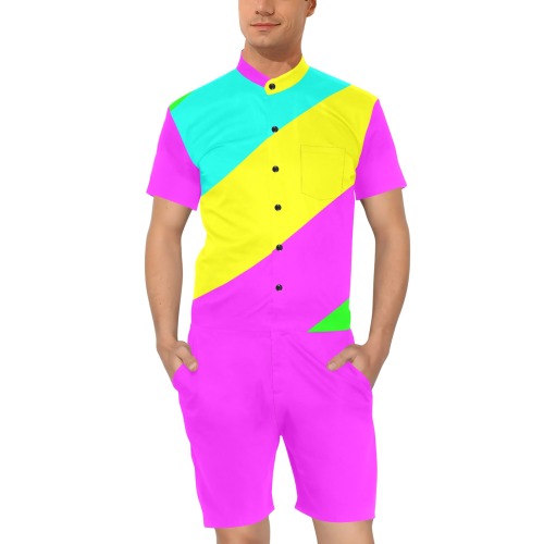 Bright Neon Colors Diagonal Pink Men's Short Sleeve Jumpsuit