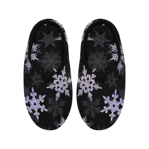 Snowflakes Winter Christmas pattern on black Women's Non-Slip Cotton Slippers (Model 0602)