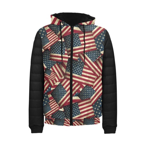 Patriotic USA American Flag Art Vest Style Men's Padded Hooded Jacket (Model H42)