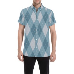 Blue and Khaki Argyle Men's All Over Print Short Sleeve Shirt (Model T53)
