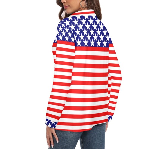 USA Stars and Stripes Patriotic Women's Long Sleeve Polo Shirt (Model T73)
