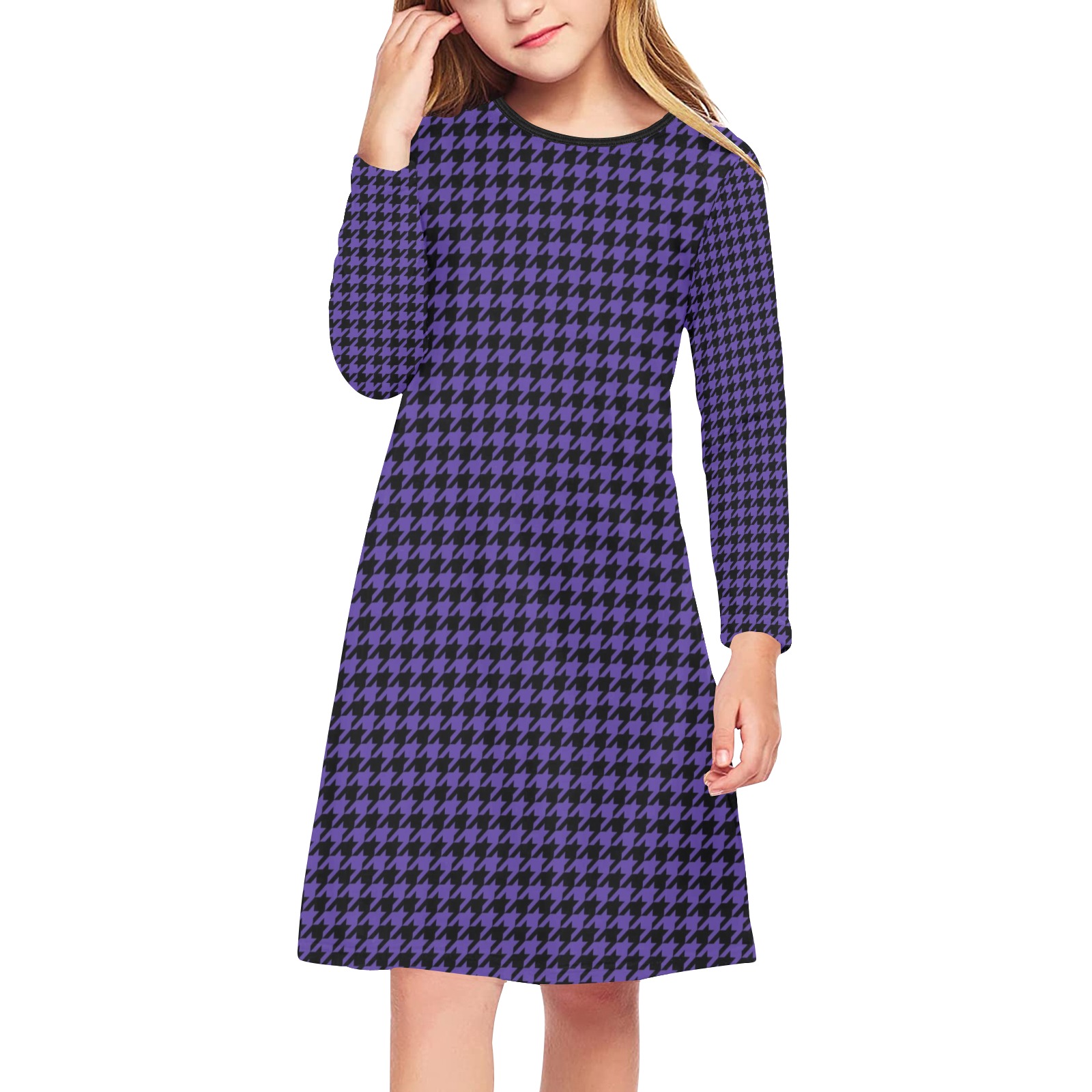 Purple and Black Houndstooth Girls' Long Sleeve Dress (Model D59)