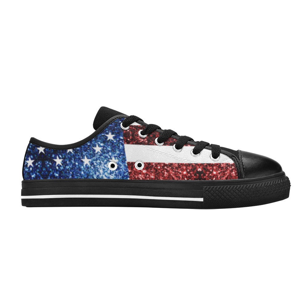 Sparkly USA flag America Red White Blue faux Sparkles patriotic bling 4th of July Low Top Canvas Shoes for Kid (Model 018)