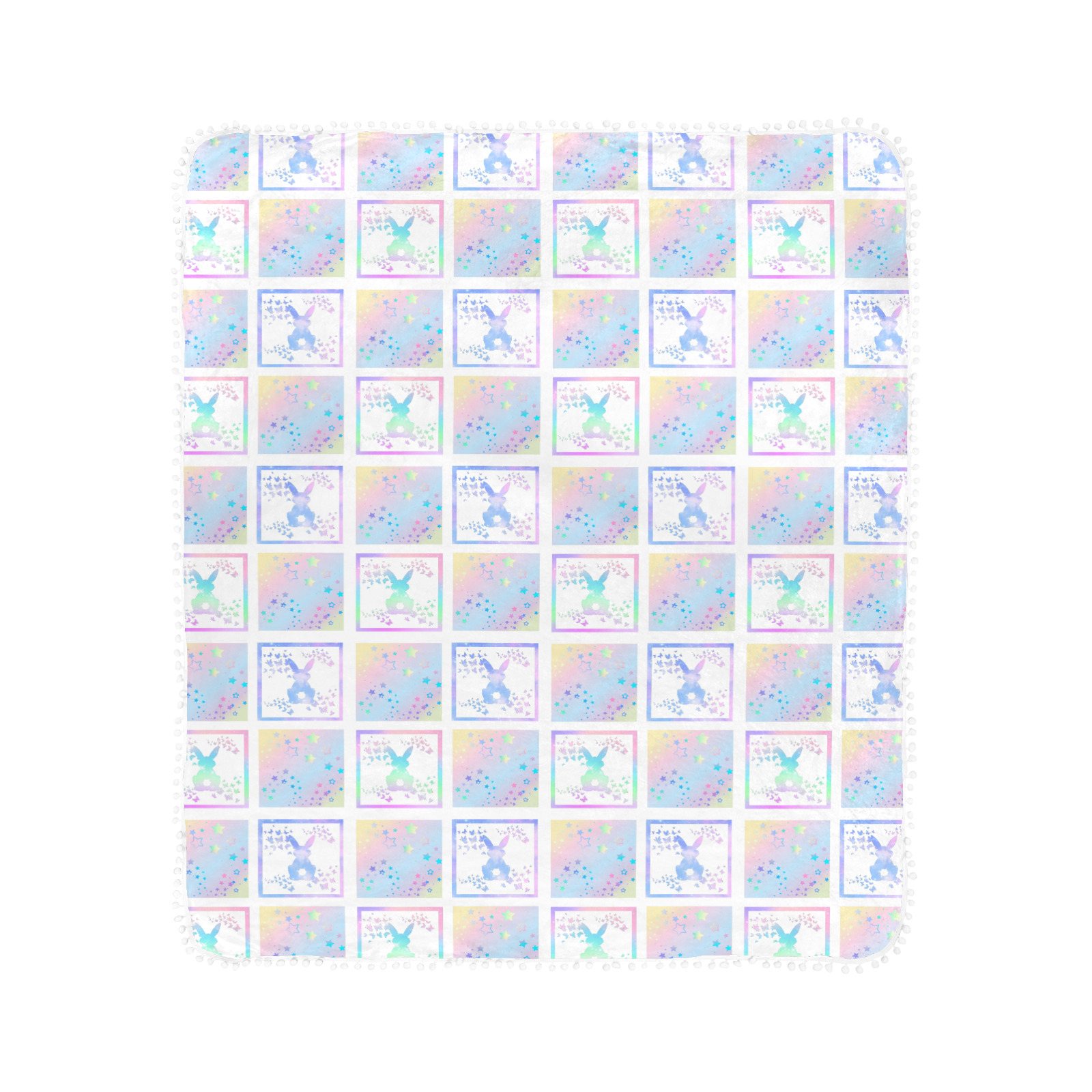 Bunny Magic Square Patch Artwork Design Pom Pom Fringe Blanket 40"x50"