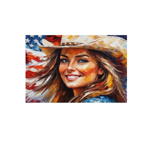 American Flag Happy Blonde Cowgirl Patriotic Art Frame Canvas Print 48"x32"