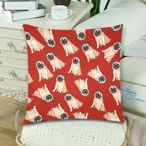 Pugs on Red Custom Zippered Pillow Cases 18"x 18" (Twin Sides) (Set of 2)
