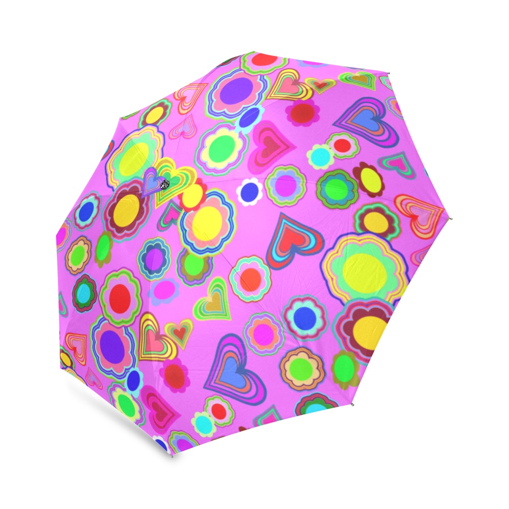 Groovy Hearts and Flowers Pink Foldable Umbrella (Model U01)